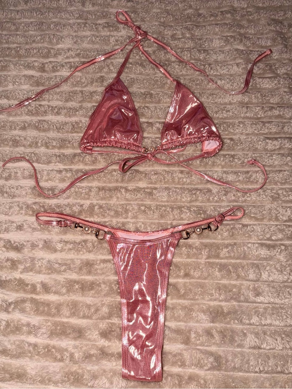 Shimmery Pink Triangle Bikini Set - Women Swim